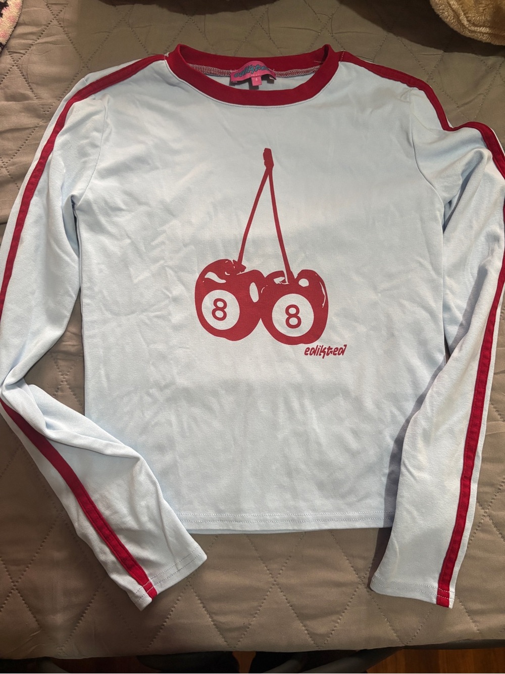Edikted Light Blue Long Sleeve Tee with Red Cherry Graphic